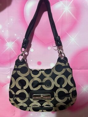 Coach Black and Tan Signature Ring-Pattern Shoulder Bag